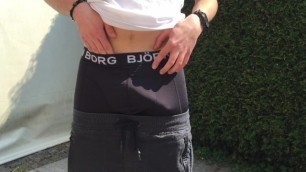 Sagging outside and hard stroking my cock