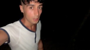 Horny sweaty twink jerks off while friends are camping near