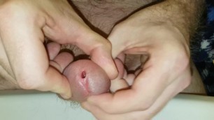 Spreading piss slit while cumming, cumshot while spreading peehole