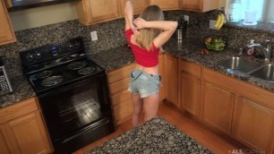 Rachel James Appetizer with small breasts in the kitchen having fun BTS