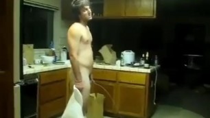 Naked, Wasted Guy Waxes the Kitchen Floor Linoleum with His Piss.