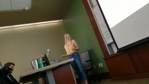 Candid Feet: Pretty Blonde Gives Presentation in College Class with Sandals