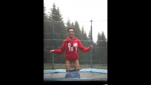 Teen shows his big cock for fun on a trampoline at the camp