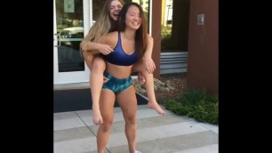Asian Chubby FitGirl squat with friend