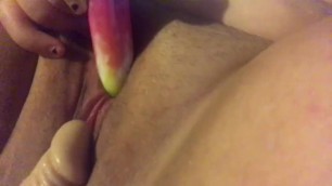 Chubby hairy girl pushes out dildo and play with vibrator