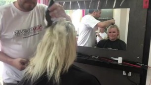 long hair blonde shaves her head at barbershop
