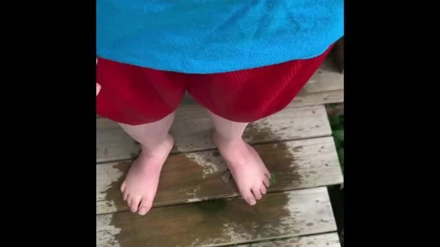 Peeing my Red Shorts on the Porch