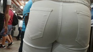 Candid Ass in White Pants Standing in Line