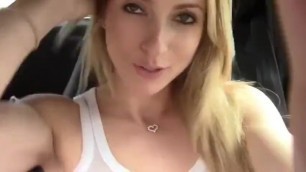 Public Masturbation Blonde plays with pussy in parking lot