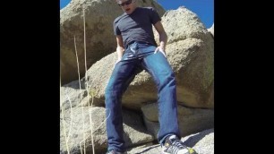 Pissing blue jeans in three public places with an outdoor cumshot