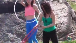 Candid two teens in leggings with hula hoops (part 1)