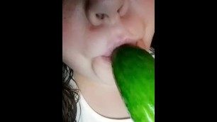 Bbw playing with cucumber before stuffing pussy