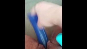 Hairy pussy fucked by blue dildo & vibrator