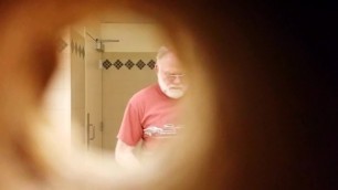 Spying on handsome bearded old man taking a piss in public restroom