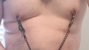 Rubbing my cock for Daddy with nipple clamps