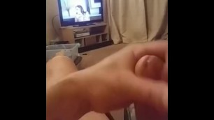 The wife is away so watch porn and stroking cock