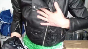 Leather jacket and nylon shorts make me hot n horny