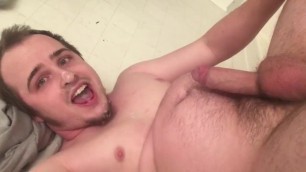 Chubby Cumslut Self Facials on the Bathroom Floor! Thick Cum on Long Tongue
