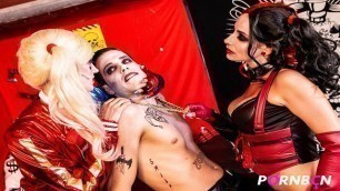 4K Trio Cosplay 2 Harley Quinn want to play with the big dick of the Joker