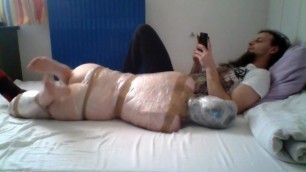 Horny wife wrapped in plastic and ignored (mummification, brathplay)