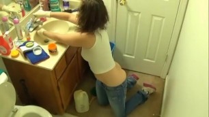 Girl Cleaning Bathroom (Buttcrack)