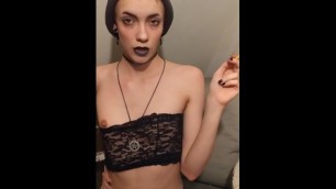 Petite goth smokes cigarette and masturbates