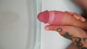 Solo Tattoo Male quick stroke and cum