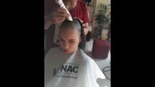 sexy girl headshave for money in the barbershop
