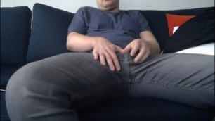 Guy rubbing his little dick through his jeans and prematurely cums