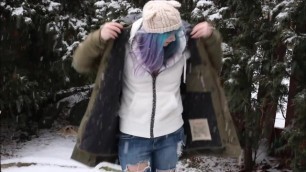 Blue Haired Girl in Green Jacket and Fur Hood Masturbation