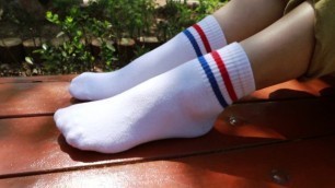 Chinese girl teases with her two stripe white crew socks