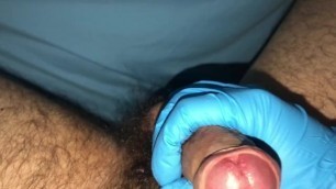 Hot jerking big hairy dick with a rubber glove pt.1