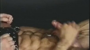 Amazing orgasm cum shot on veiny ripped abs with some nipple play to help
