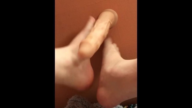 First time practicing footjob on 8” dildo