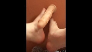 First time practicing footjob on 8” dildo