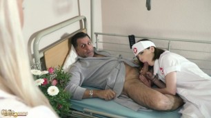 Teen nurses fuck old grandpa in a fake hospital bed and give sloppy blowjob