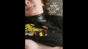 Cute femboy getting big facial while wearing a collar