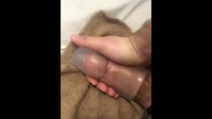 Using tight clear stroker on my hard cock