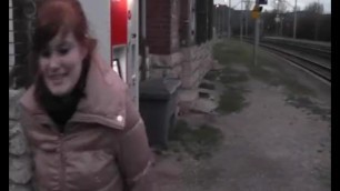 German Redhead in Brown Down Jacket Blowjob