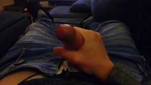 playing with my cock and cum, wearing my wife's thong!