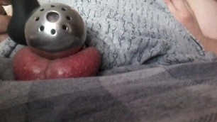 Cumming in chastity cage with a vibrator and eating the mess