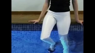 Latex leggings in the pool