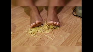 Giantess Bare feet foot crushing stomping foot spaghetti noodles