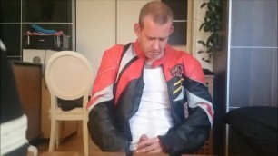 Man Pisses and Jerks Off in Leather Jacket