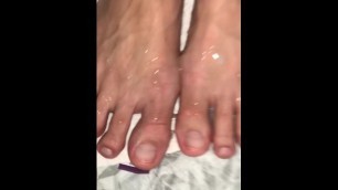 Asian TS cum on toes after threesome sex