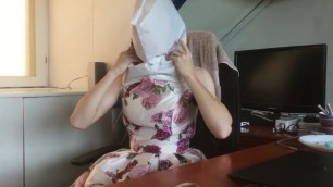 Breathplaying crossdresser stuggling inside paper bag