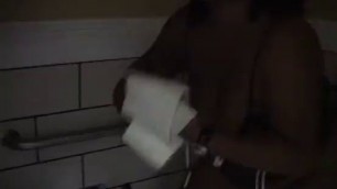 Chubby ebony brunettes caress each other and take turns pissing in the toilet