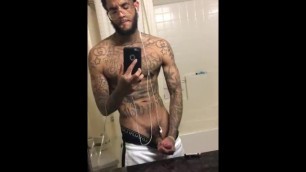 Tattooed sexy light skin masturbates in hotel bathroom