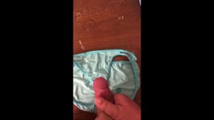 Cum on wife’s blue bikini panties while she’s out