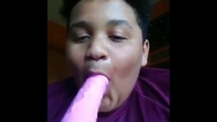 Thick black boy swallows massive dildo